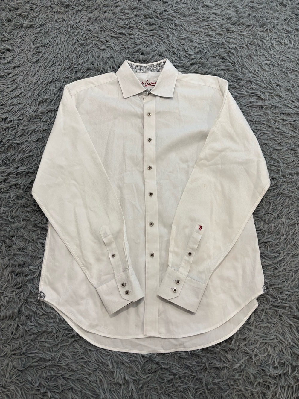 Robert Graham Mens Large White Jacquard Print Long Sleeve Button Up Flip Cuff